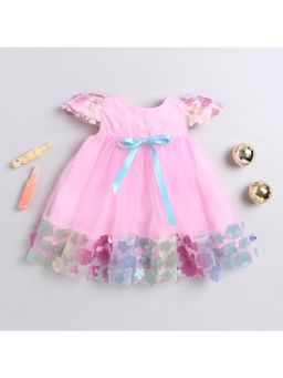 Many Frocks - Net Cap Sleeves 3D Flower Knee Length Dress - Pink