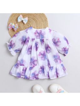 Many Frocks - Georgette Flower Printed Knee Length Dress - White And Purple