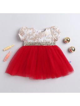 Many Frocks - Net Puff Sleeves Sequin Lace Knee Length Dress - Red And Cream
