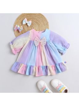 Many Frocks - Georgette Half Sleeves Bow Knee Length Dress -Multi Colour