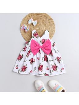 Many Frocks - Sleeveless Bow Floral Printed Knee Length Dress -White
