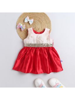 Many Frocks - Sleeveless Sequin Lace Knee Length Dress - Red And Cream