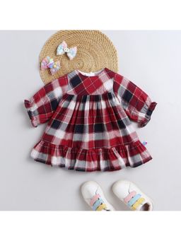 Many Frocks - Cotton Half Sleeves Checks Printed Knee Length Dress -Maroon