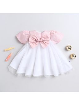 Many Frocks - Sleeveless Bow Knee Length Dress -Pink And White