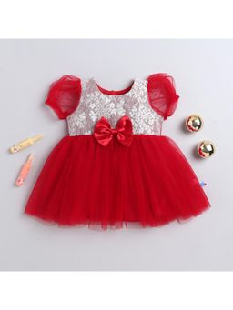 Many Frocks - Net Puff Sleeves Bow Knee Length Dress - Red And Cream