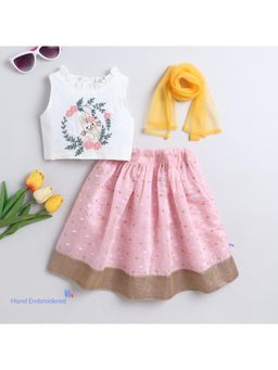 Many Frocks - Chanderi Rabbit Embroidered Choli With Lehenga & Dupatta - White & Pink