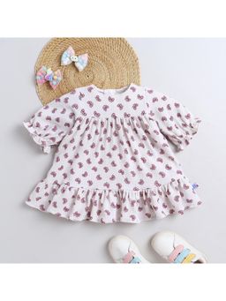 Many Frocks - Half Sleeves Bow Printed Knee Length Dress -White