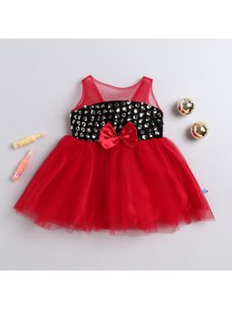 Many Frocks - Net Bow Knee Length Flared Dress - Red And Black