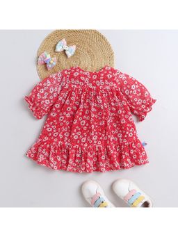 Many Frocks - Georgette Half Sleeves Floral Printed Knee Length Dress -Red