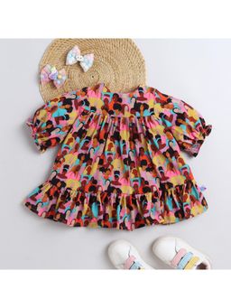 Many Frocks - Crepe Half Sleeves Printed Knee Length Dress -Multi-Color