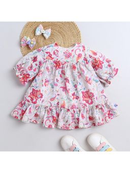 Many Frocks - Half Sleeves Floral Printed Knee Length Dress -Pink