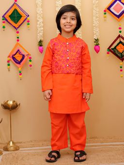 Junitos - Cotton Woven Full Sleeves Kurta With Pyjama & Nehru Jacket - Orange
