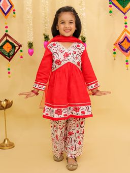 Junitos - Floral Printed Gota Lace Embellished Kurta With Sharara & Dupatta - Red