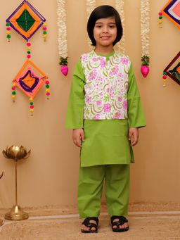 Junitos - Cotton Woven Full Sleeves Kurta With Pyjama & Nehru Jacket - Green