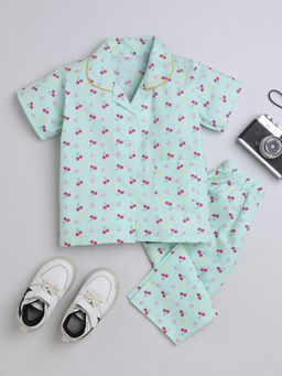 The Magic Wand - Half Sleeves Cherry Printed Night Suit Set - Blue