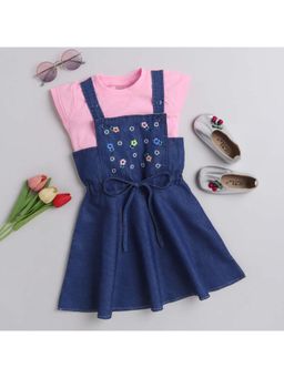The Magic Wand - Denim Pinafore Floral Dress With Pink T-Shirt - Blue