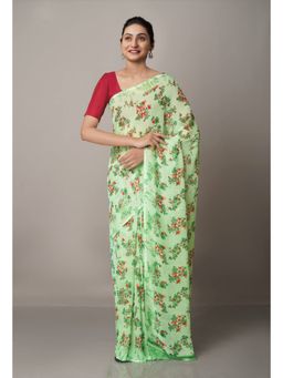 Unnati Silks - Green Fancy Block Printed Georgette Silk Saree with Unstitched Blouse