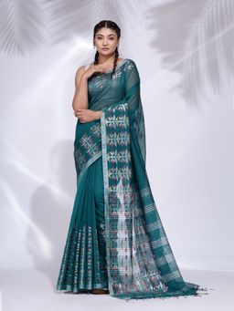 CHARUKRITI - Teal Blended Cotton Handwoven Saree with Nakshi Border with Unstitched Blouse
