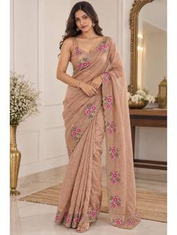 Tankori - Beige Women Premium Fandy Satin Floral Diamond Jarkan Embroidery Saree