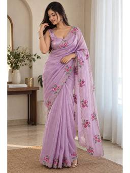 Tankori - Lavender Women Fandy Satin Designer Floral Diamond Jarkan Work Saree