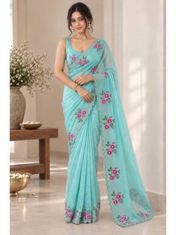 Tankori - Teal Women Fandy Satin Floral Embroidered Diamond Jarkan Work Saree
