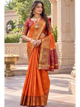 Tankori - Women Orange Handloom Woven Zari Saree