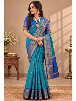 Tankori - Women Teal Handloom Woven Zari Saree