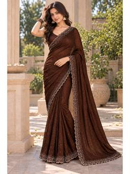 Tankori - Brown Fandy Satin Jarkan Work Glamorous Look Partywear Saree