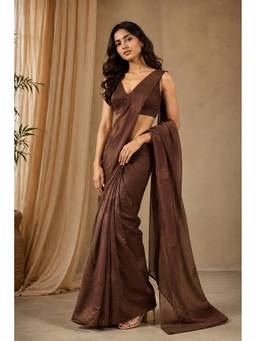 Tankori - Brown Premium Satin Coffee Bead Flower Butti Work Saree