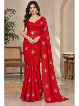 Tankori - Red Women Premium Space Satin Floral Bits Sequence Designer Saree