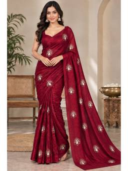 Tankori - Maroon Women Space Satin Designer Sequence Bits Embellished Saree