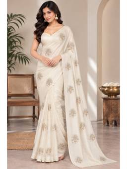 Tankori - Off White Women Space Satin Glamorous Bits Sequence Work Designer Saree