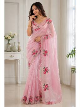 Tankori - Pink Women Fandy Satin Floral Diamond Jarkan Work Designer Saree