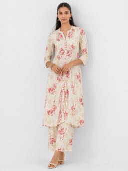 max - Womens Off White Floral Mandarin Neck Kurta with Pant