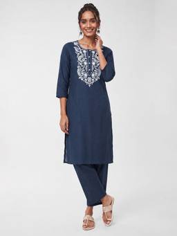max - Womens Blue Embroidered Round Neck Kurta with Pant