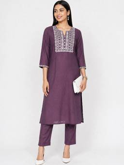 max - Women Purple Embroidered Round Neck Kurta with Pant