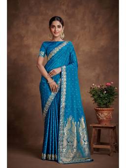 Monjolika Fashion - Trendy Teal Banarasi Satin Silk Saree