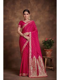 Monjolika Fashion - Trendy Rani Pink Banarasi Satin Silk Saree
