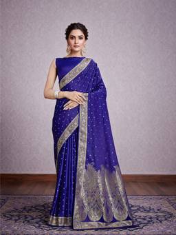 Monjolika Fashion - Trendy Blue Banarasi Satin Silk Saree