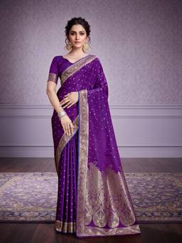 Monjolika Fashion - Trendy Dark Purple Banarasi Satin Silk Saree