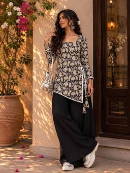 MYSHKA - Women Black Floral Asymmetric Kurti with Palazzo