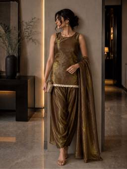 MYSHKA - Women Olive Shimmer Round Neck Kurti with Salwar and Dupatta