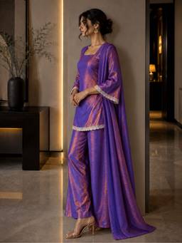 MYSHKA - Women Purple Shimmer Square Neck Kurti with Palazzo and Dupatta