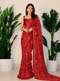 Sitanjali - Red Silk Bandhani Printed Saree