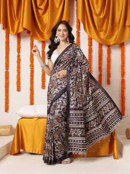 Silk Land - Black Ajrakh Printed Soft Silk Saree