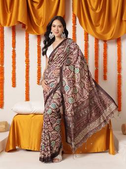 Silk Land - Brown Ajrakh Printed Soft Silk Saree