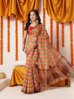 Silk Land - Multi-Color Cotton Blend Checks Printed Saree