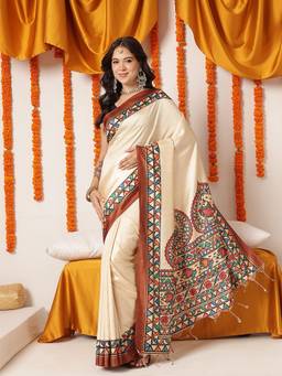 Silk Land - Beige Soft Silk Madhubani Printed Pallu and Border Saree