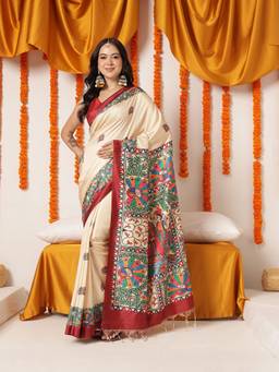 Silk Land - Beige Silk Madhubani Printed Pallu and Border Saree