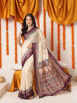 Silk Land - Women Beige Soft Silk Madhubani Printed Pallu and Border Saree